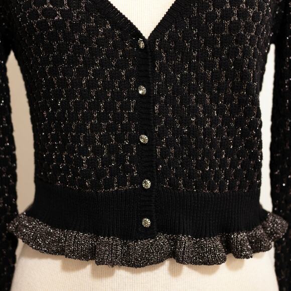 Betsey Johnson Vintage Y2K Cropped Cardigan Black Metallic Ruffle Y2K SZ M - Picture 4 of 6